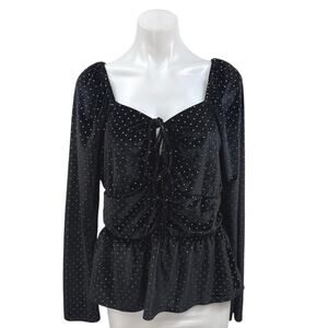 Aqua Black Velvet Velour Polka Dot Long Sleeve Tie Front Peplum Blouse Top Sz XL